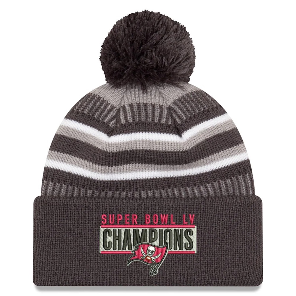 Mens Tampa Bay Buccaneers New Era Super Bowl LV Champions Cuffed Pom Knit Hat